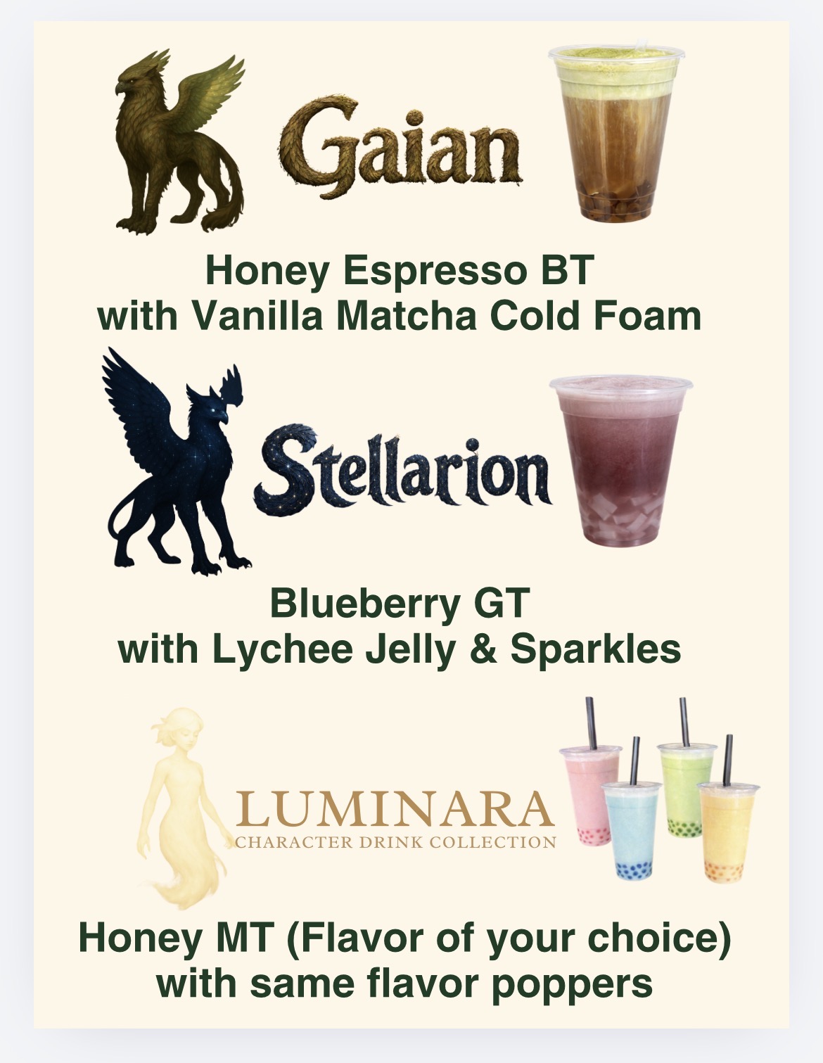 Gaian, Stellarion, Luminara character drink collection