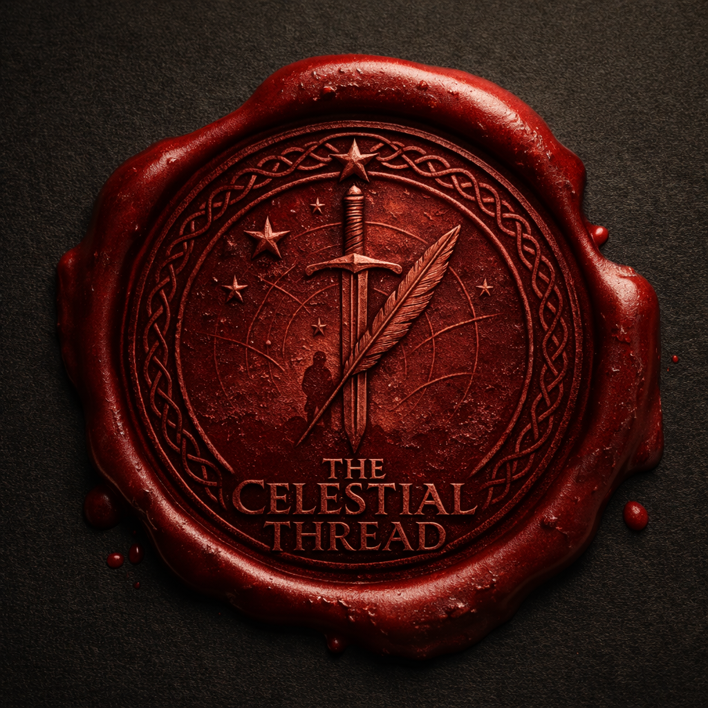 The Celestial Thread red wax seal — a sword and quill crossed among stars