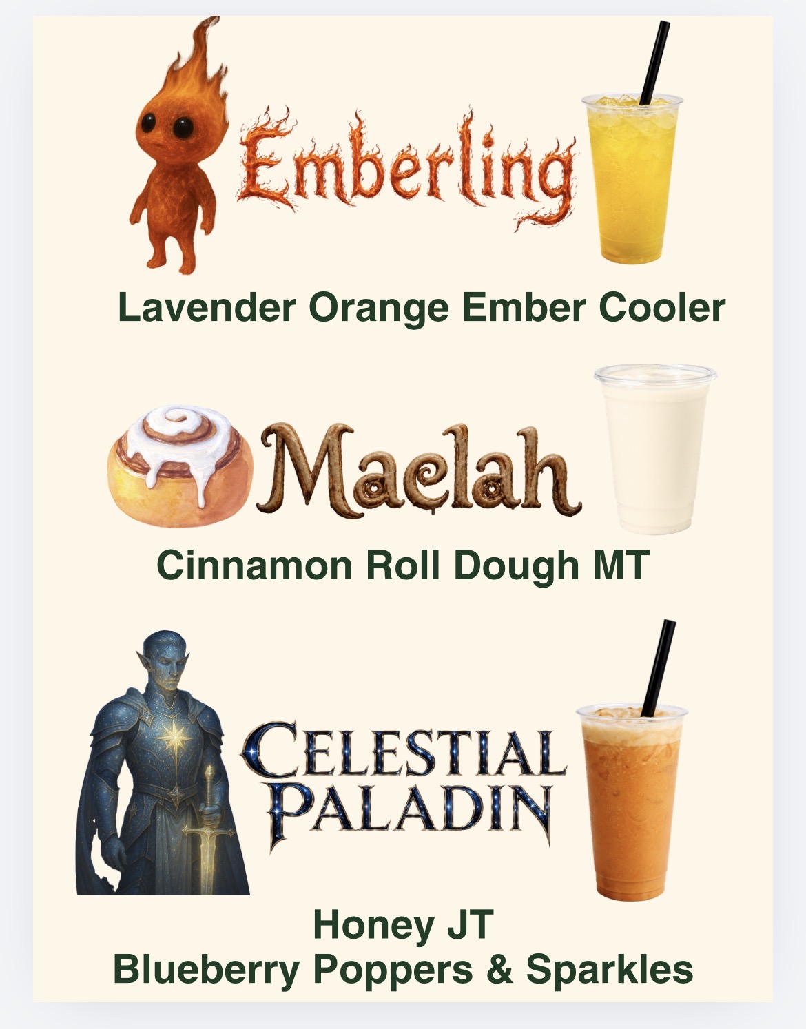 Emberling, Maelah, Celestial Paladin character drink collection