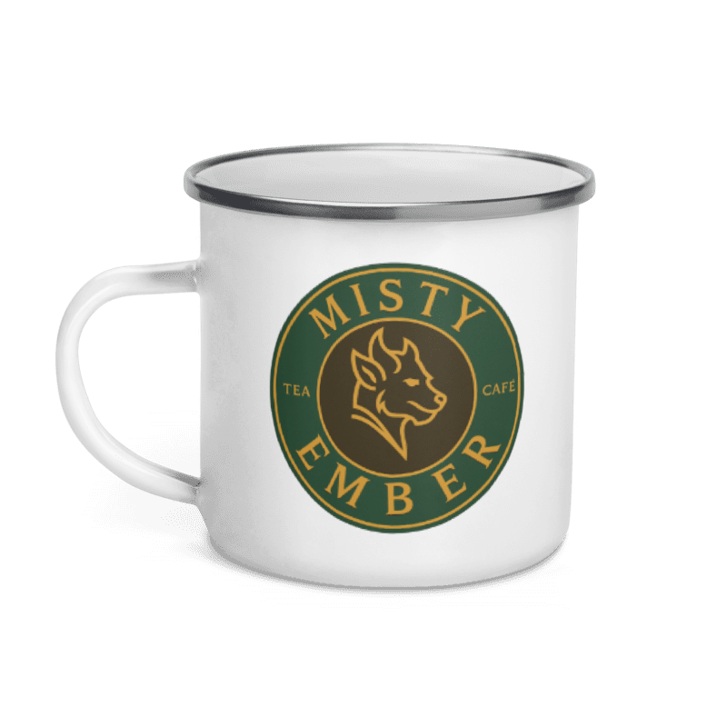 Empty Misty Ember Café enamel mug, ready for a refill